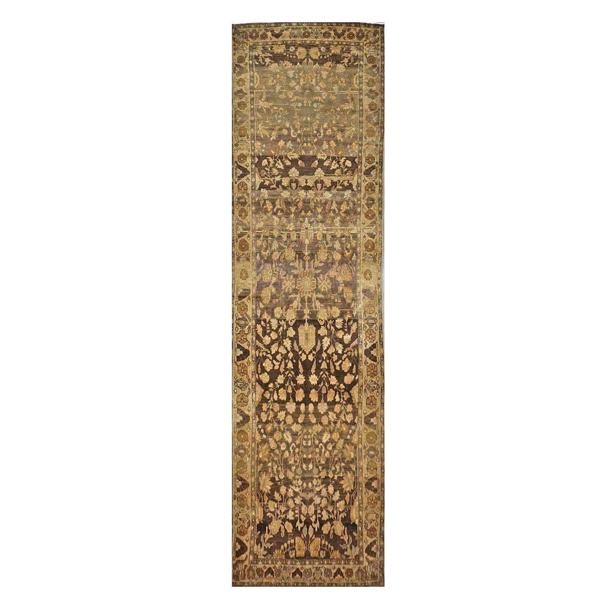 Antique Persian Malayer Wool 3x13 Brown & Ivory Handmade Runner Rug #1140569