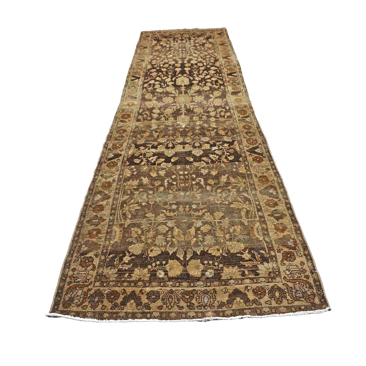 Antique Persian Malayer Wool 3x13 Brown & Ivory Handmade Runner Rug #1140569