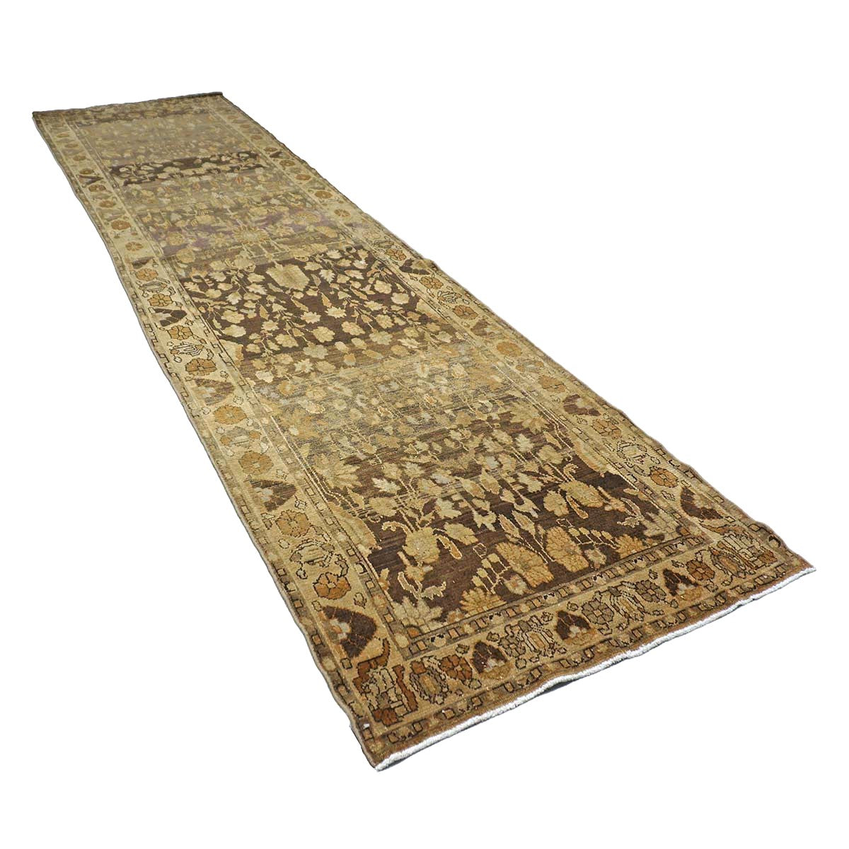 Antique Persian Malayer Wool 3x13 Brown & Ivory Handmade Runner Rug #1140569