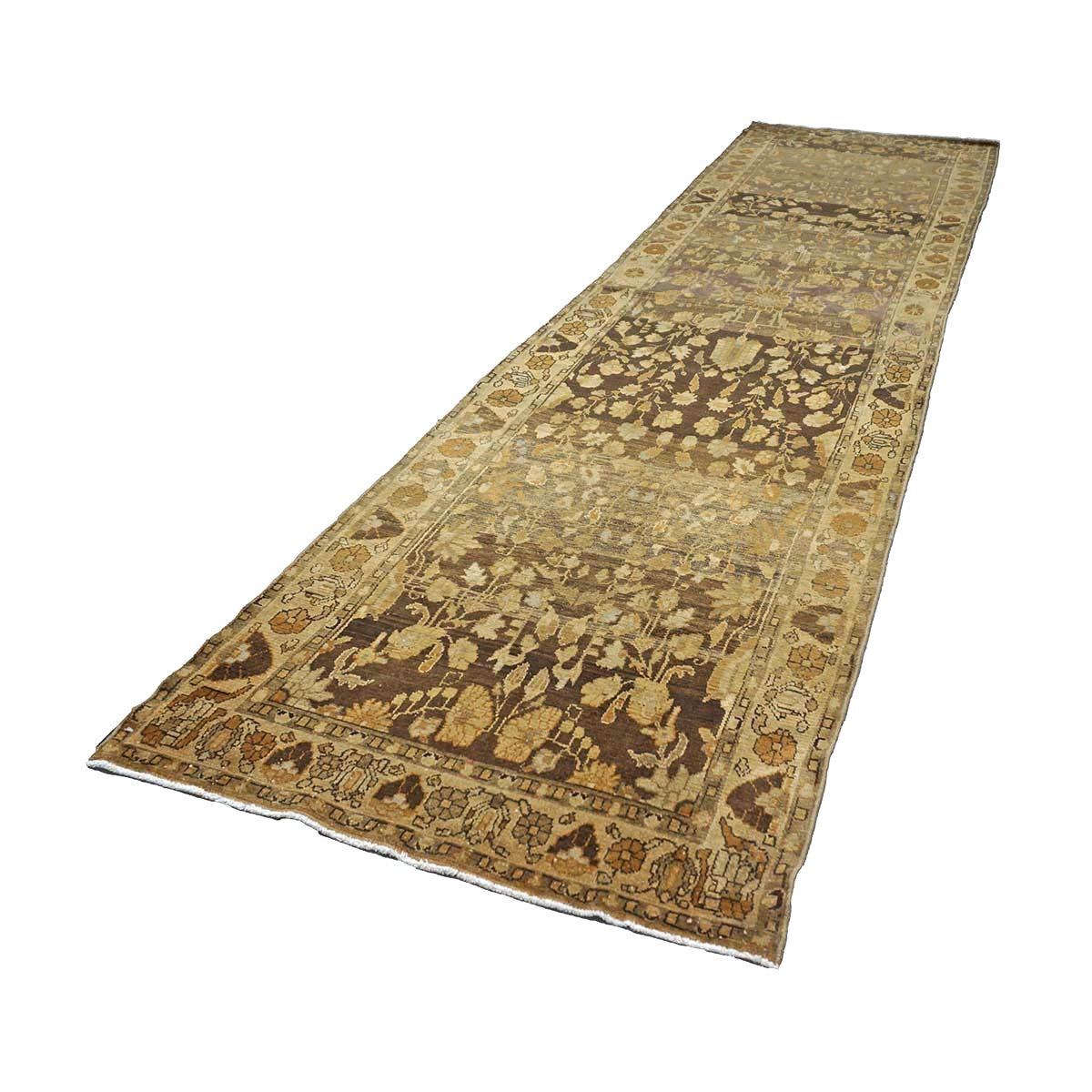 Antique Persian Malayer Wool 3x13 Brown & Ivory Handmade Runner Rug #1140569