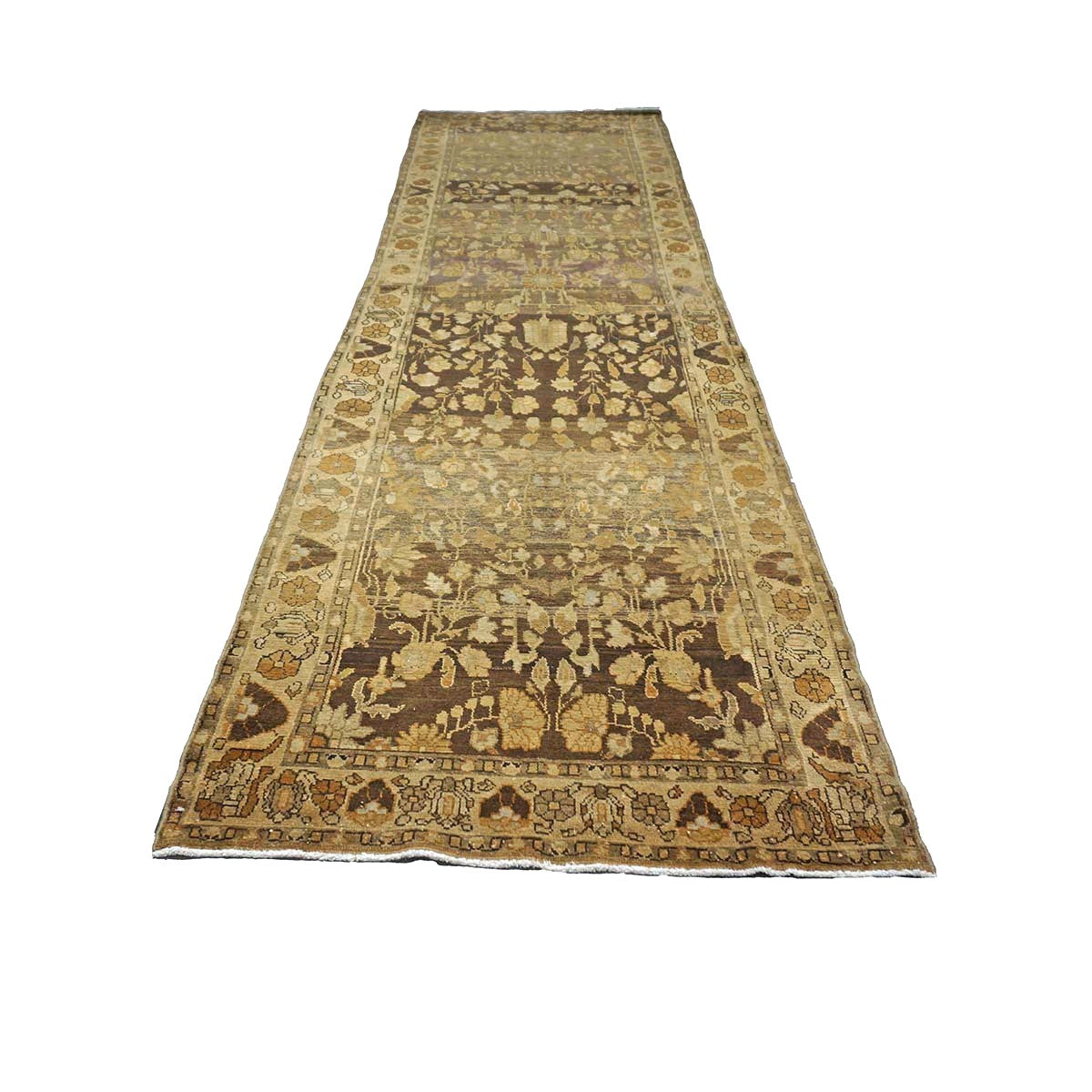 Antique Persian Malayer Wool 3x13 Brown & Ivory Handmade Runner Rug #1140569