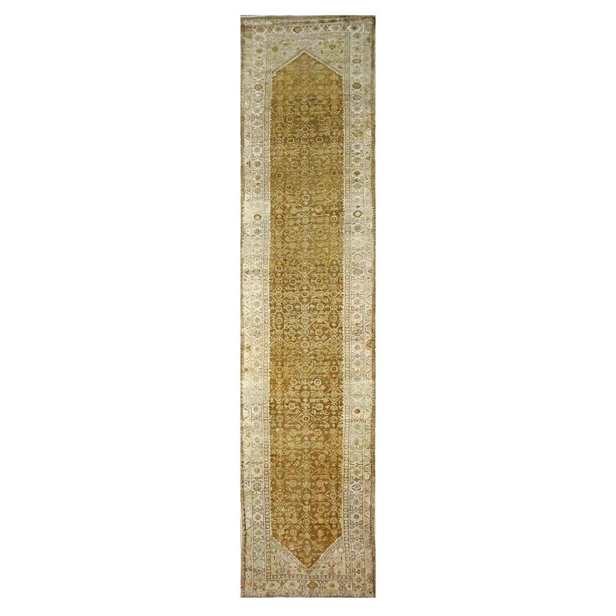 Antique Persian Malayer Wool 3x15 Camel & Ivory Handmade Runner Rug #1140727