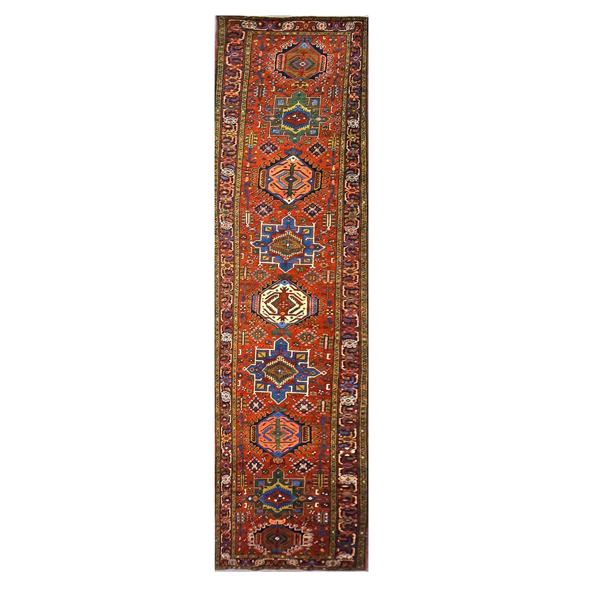 Antique Persian Heriz Wool 3x15 Rust & Navy Handmade Runner Rug #1140738