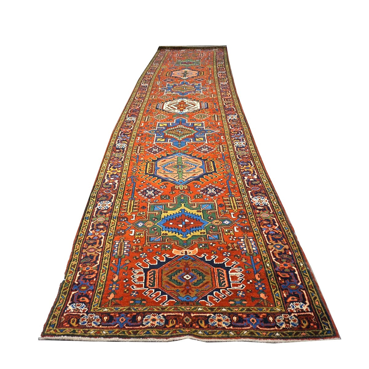 Antique Persian Heriz Wool 3x15 Rust & Navy Handmade Runner Rug #1140738
