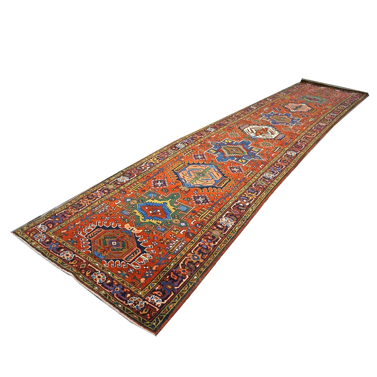 Antique Persian Heriz Wool 3x15 Rust & Navy Handmade Runner Rug #1140738