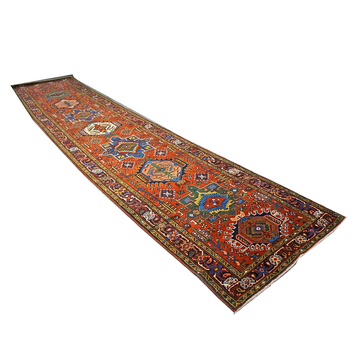 Antique Persian Heriz Wool 3x15 Rust & Navy Handmade Runner Rug #1140738