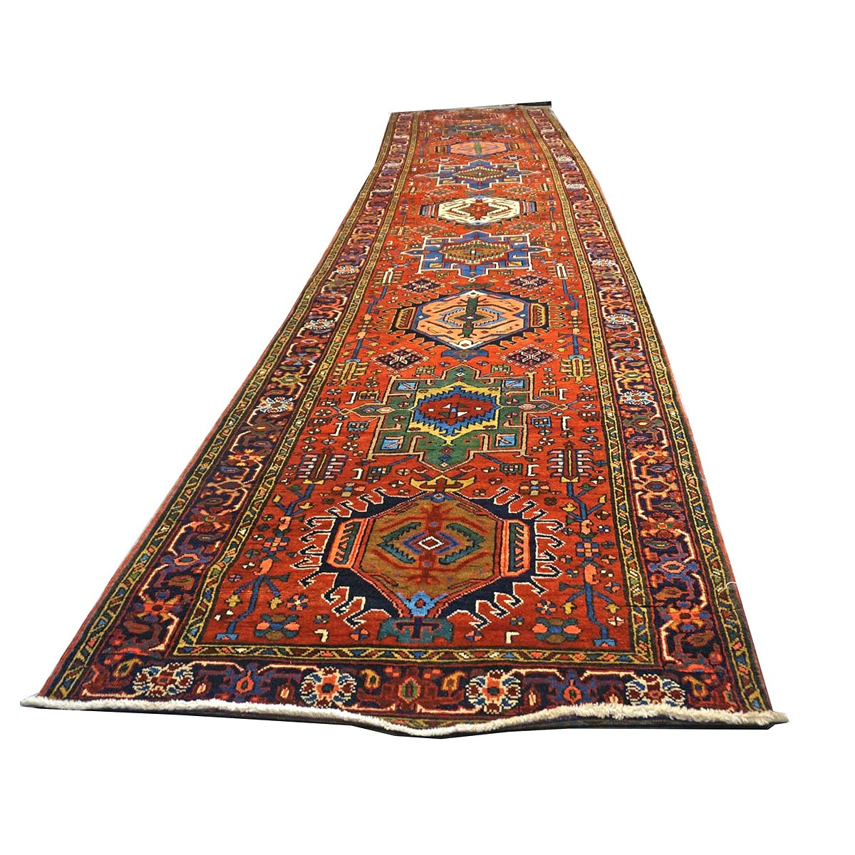Antique Persian Heriz Wool 3x15 Rust & Navy Handmade Runner Rug #1140738