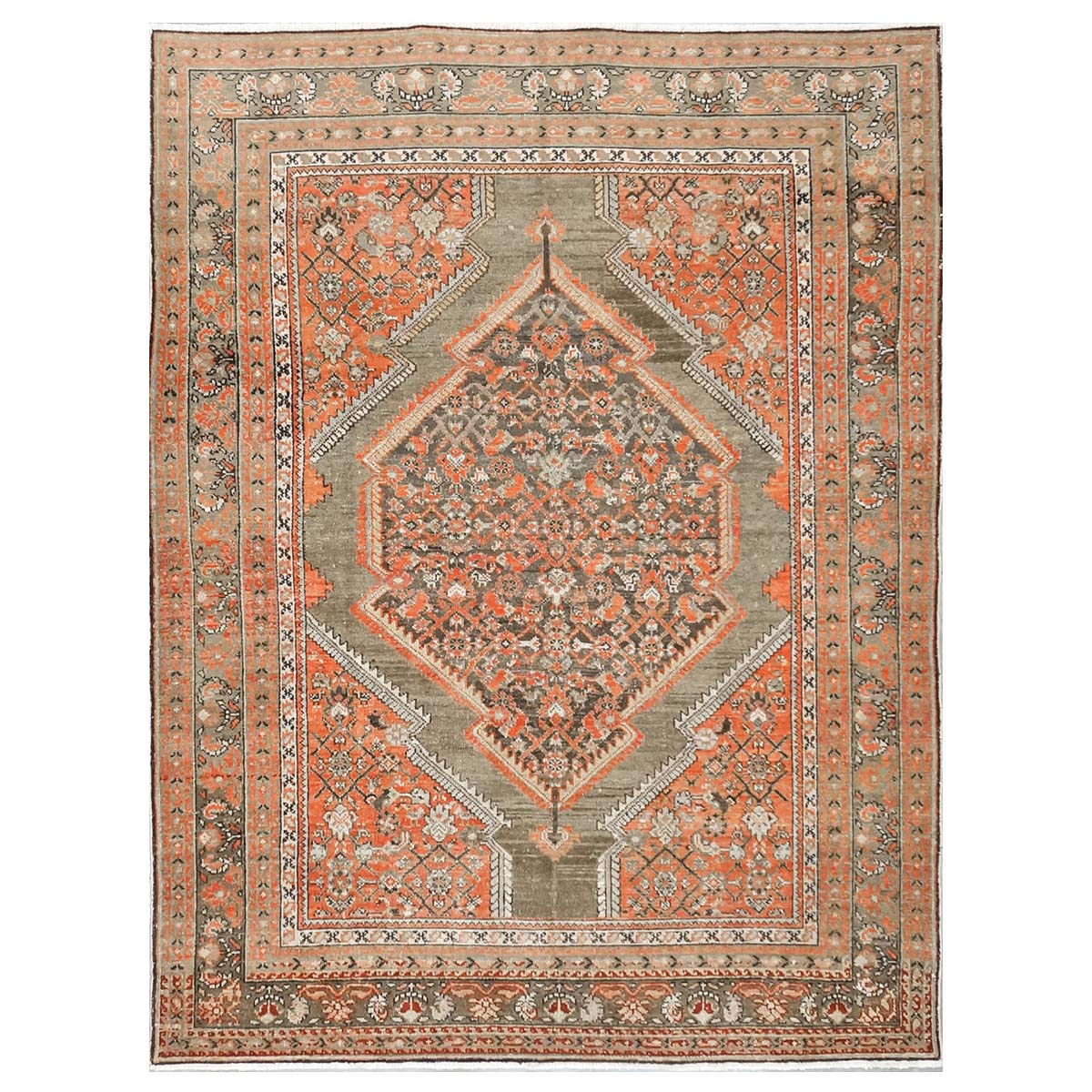 Antique Persian Malayer Wool 6x8 Rust, Ivory & Olive Green Handmade Area Rug #1140781