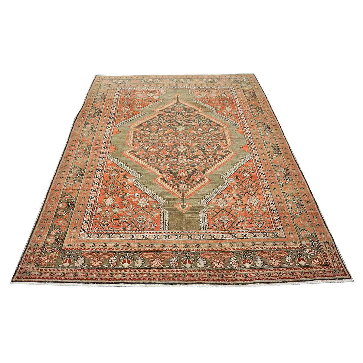 Antique Persian Malayer Wool 6x8 Rust, Ivory & Olive Green Handmade Area Rug #1140781