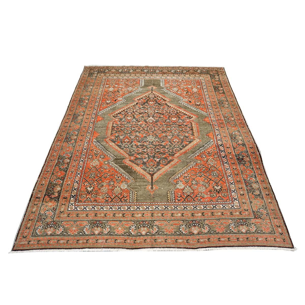 Antique Persian Malayer Wool 6x8 Rust, Ivory & Olive Green Handmade Area Rug #1140781