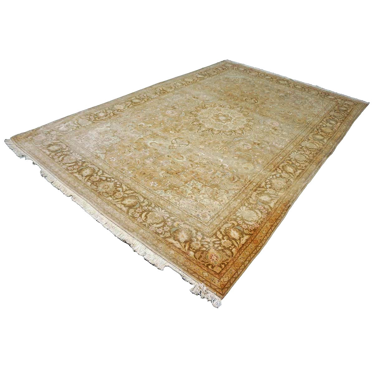 Vintage Persian Tabriz Wool & Silk 7X10 Tan, Gold, Ivory & Pink Antique Washed Handmade Area Rug #1140921