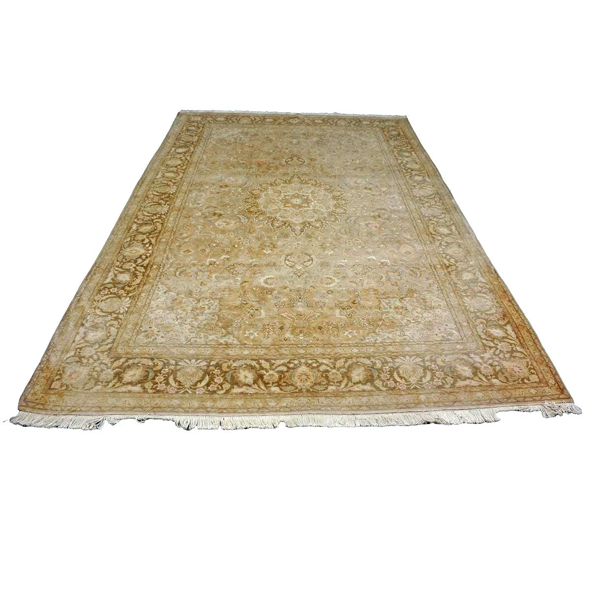Vintage Persian Tabriz Wool & Silk 7X10 Tan, Gold, Ivory & Pink Antique Washed Handmade Area Rug #1140921