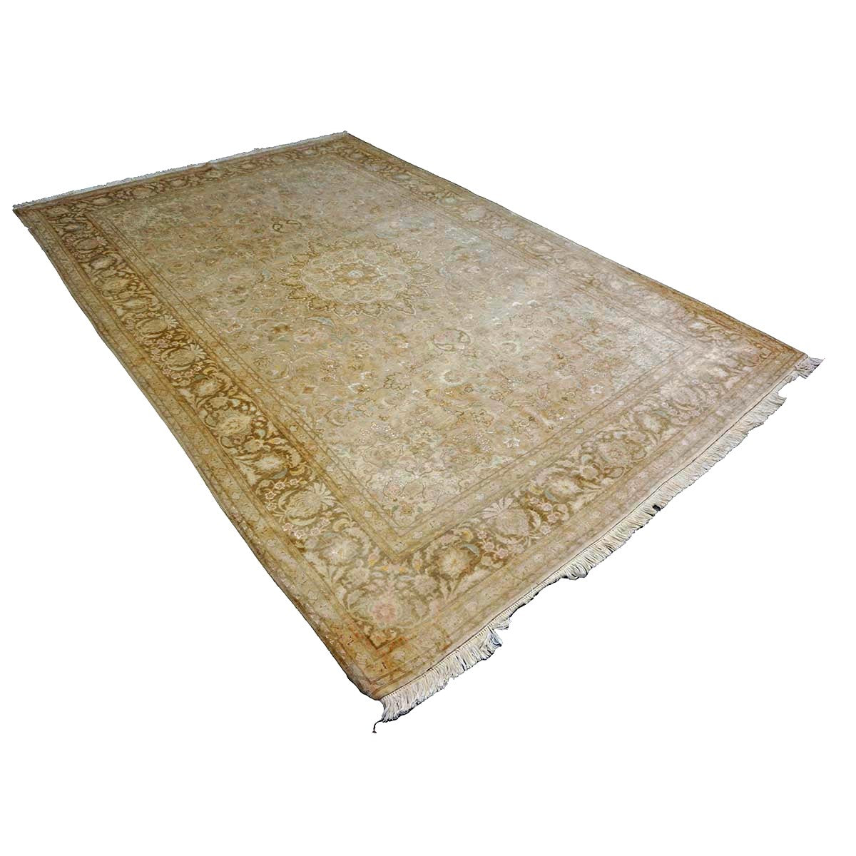 Vintage Persian Tabriz Wool & Silk 7X10 Tan, Gold, Ivory & Pink Antique Washed Handmade Area Rug #1140921