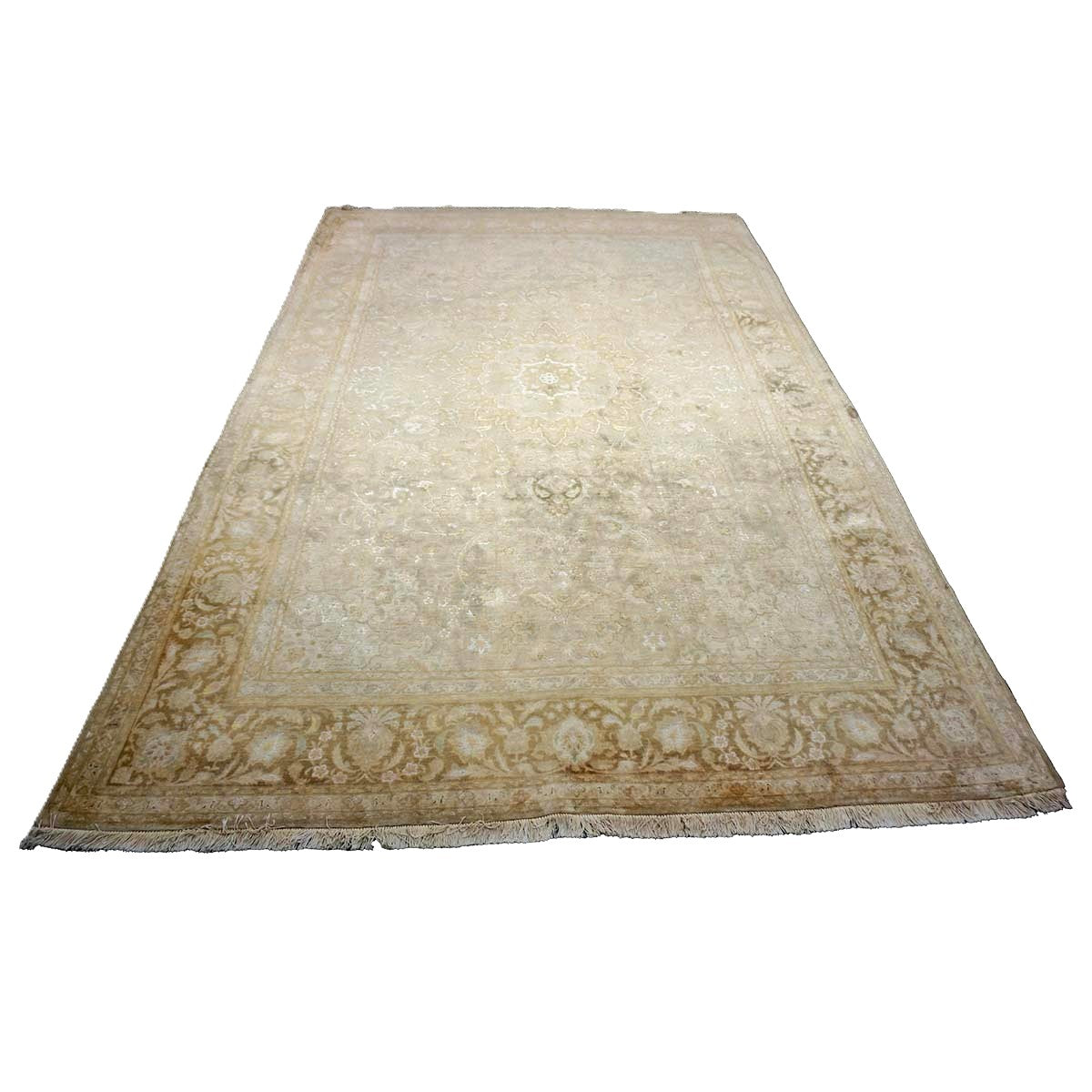 Vintage Persian Tabriz Wool & Silk 7X10 Tan, Gold, Ivory & Pink Antique Washed Handmade Area Rug #1140921