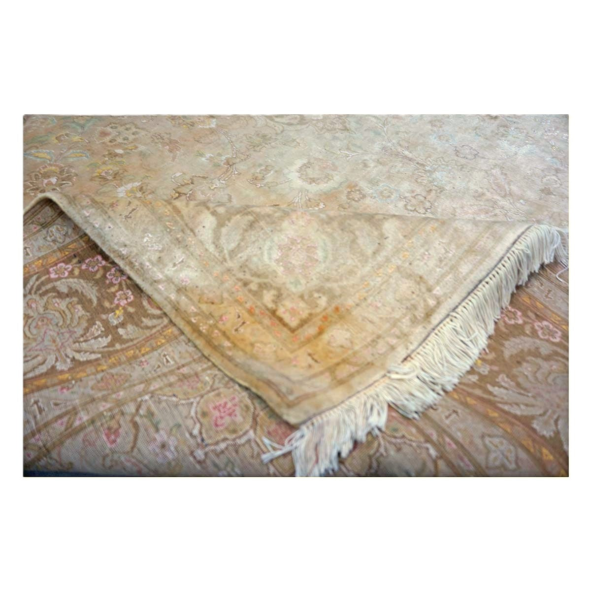 Vintage Persian Tabriz Wool & Silk 7X10 Tan, Gold, Ivory & Pink Antique Washed Handmade Area Rug #1140921