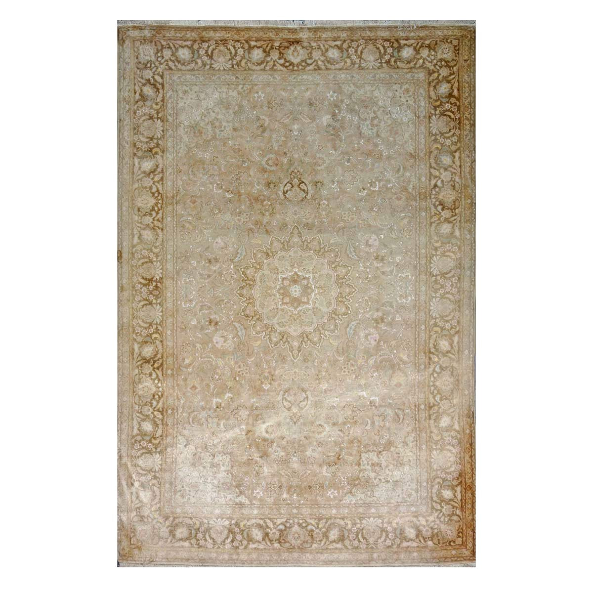 Vintage Persian Tabriz Wool & Silk 7X10 Tan, Gold, Ivory & Pink Antique Washed Handmade Area Rug #1140921