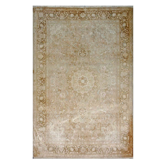 Vintage Persian Tabriz Wool & Silk 7X10 Tan, Gold, Ivory & Pink Antique Washed Handmade Area Rug #1140921