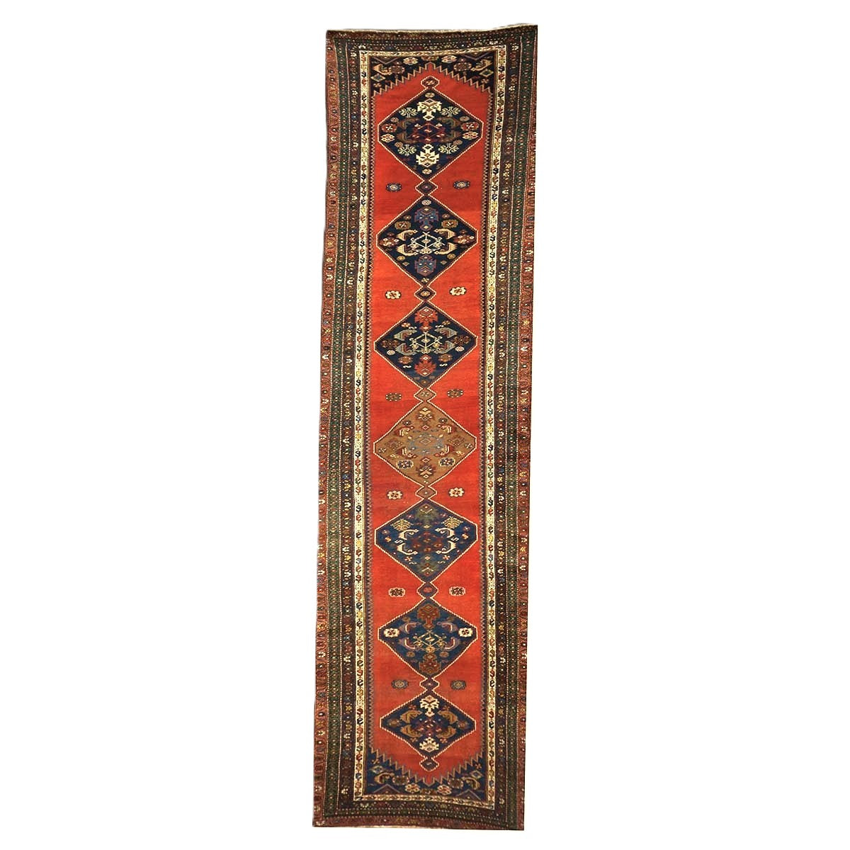 Antique Persian Malayer Wool 4x17 Red, Orange, Blue & Green Handmade Gallery Rug #1140935