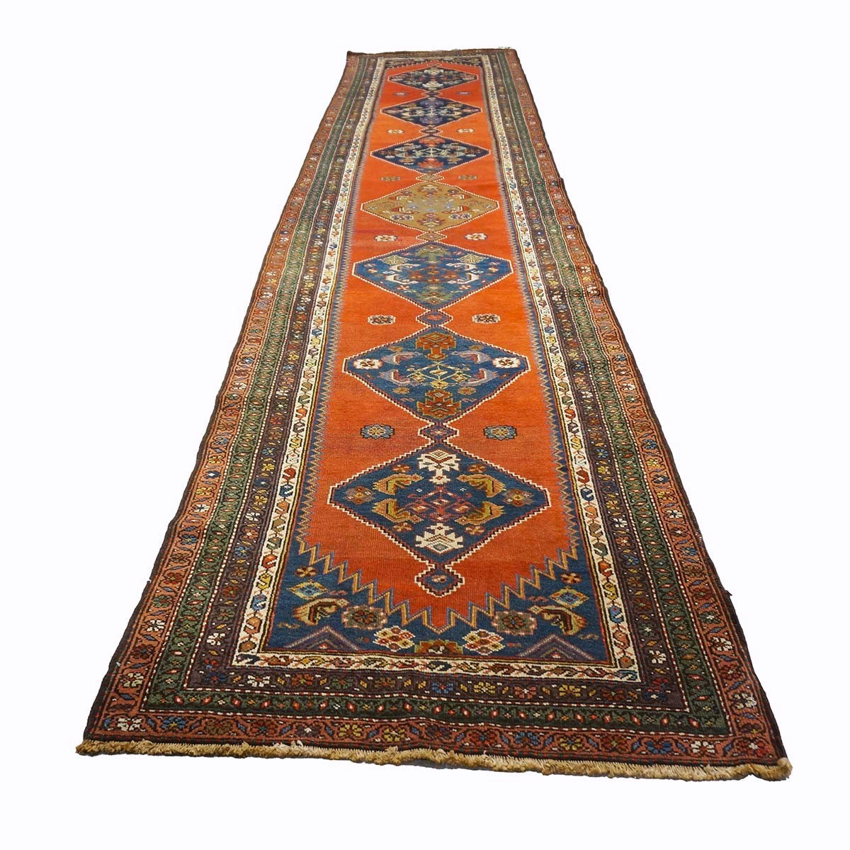 Antique Persian Malayer Wool 4x17 Red, Orange, Blue & Green Handmade Gallery Rug #1140935