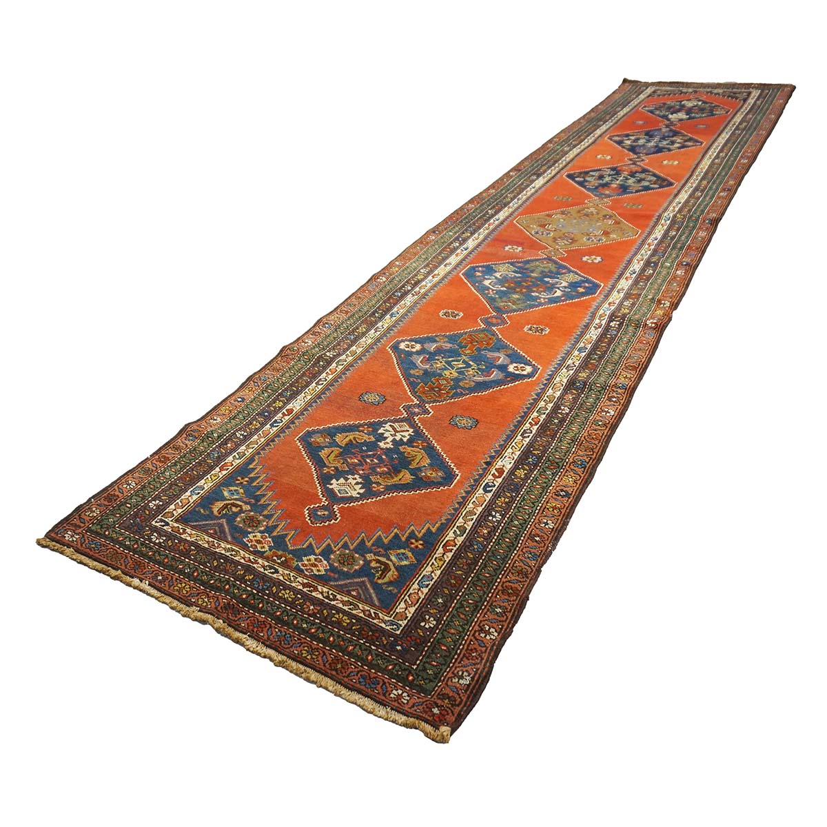 Antique Persian Malayer Wool 4x17 Red, Orange, Blue & Green Handmade Gallery Rug #1140935