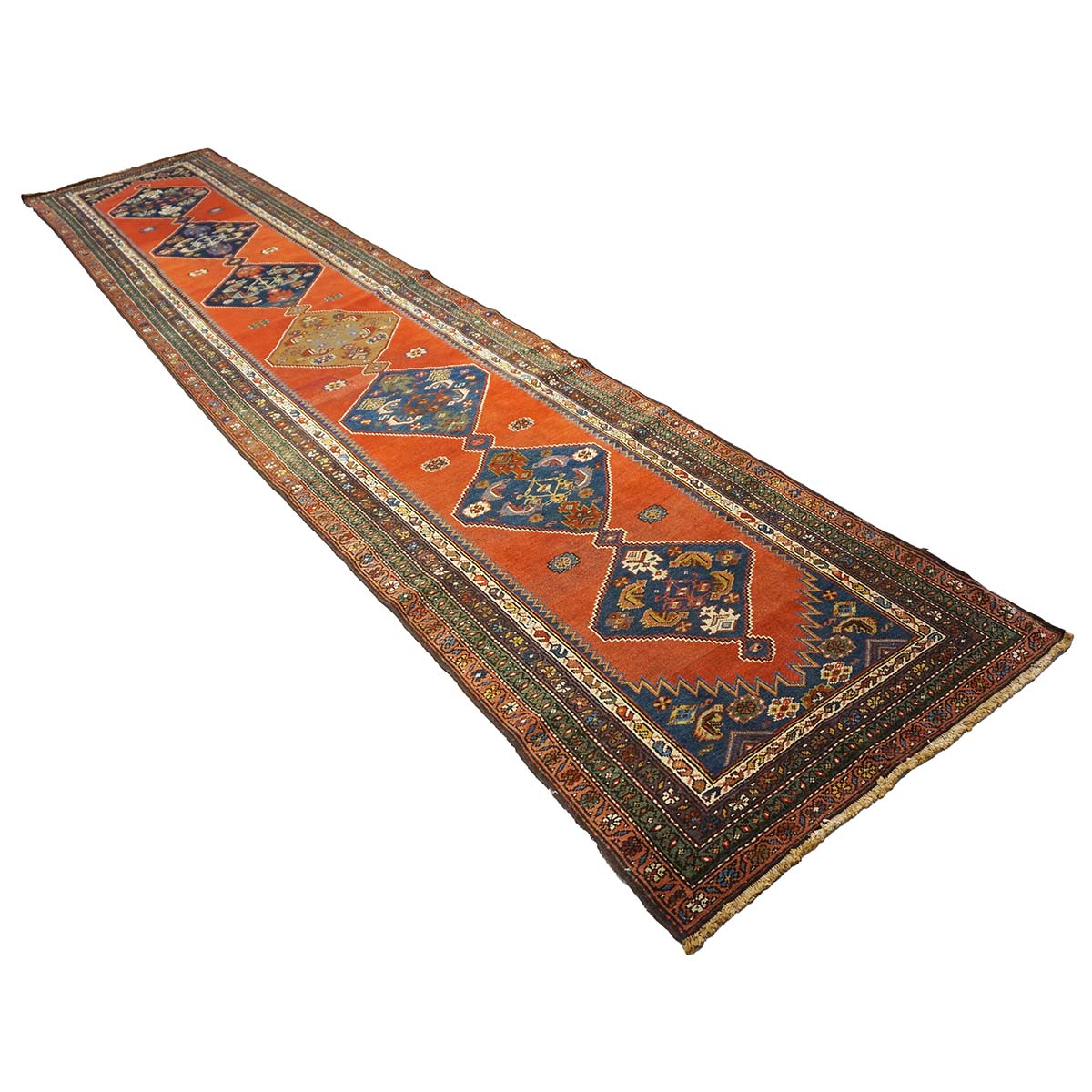 Antique Persian Malayer Wool 4x17 Red, Orange, Blue & Green Handmade Gallery Rug #1140935