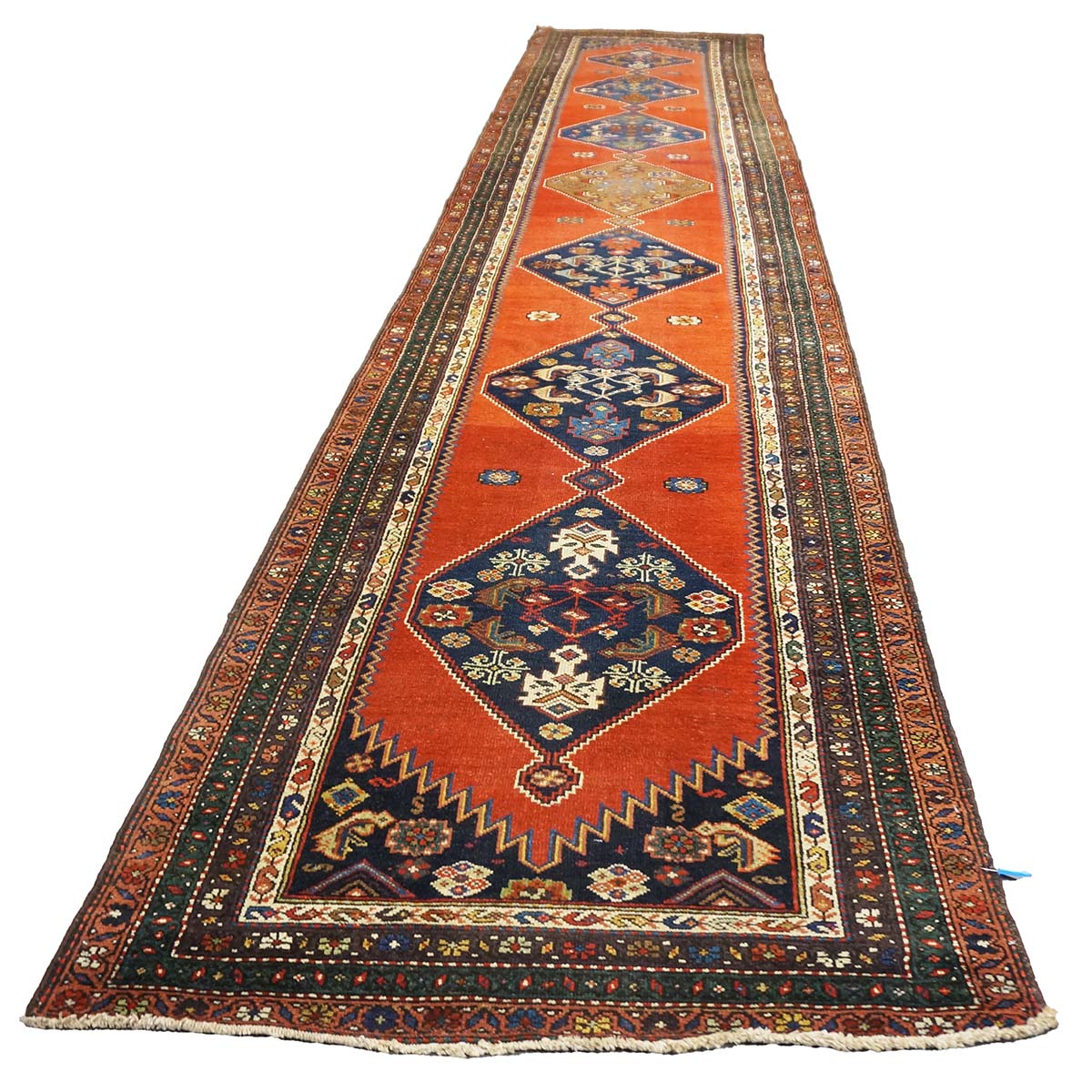 Antique Persian Malayer Wool 4x17 Red, Orange, Blue & Green Handmade Gallery Rug #1140935