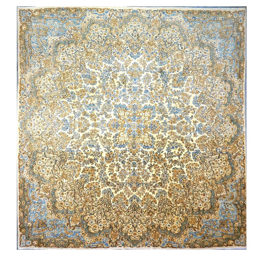 Persian Kerman Wool 10x11 Ivory & Light Blue Handmade Area Rug #1141059