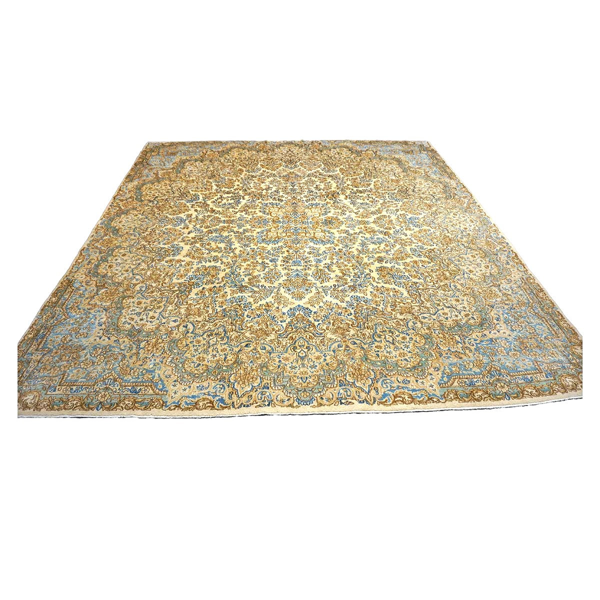Persian Kerman Wool 10x11 Ivory & Light Blue Handmade Area Rug #1141059