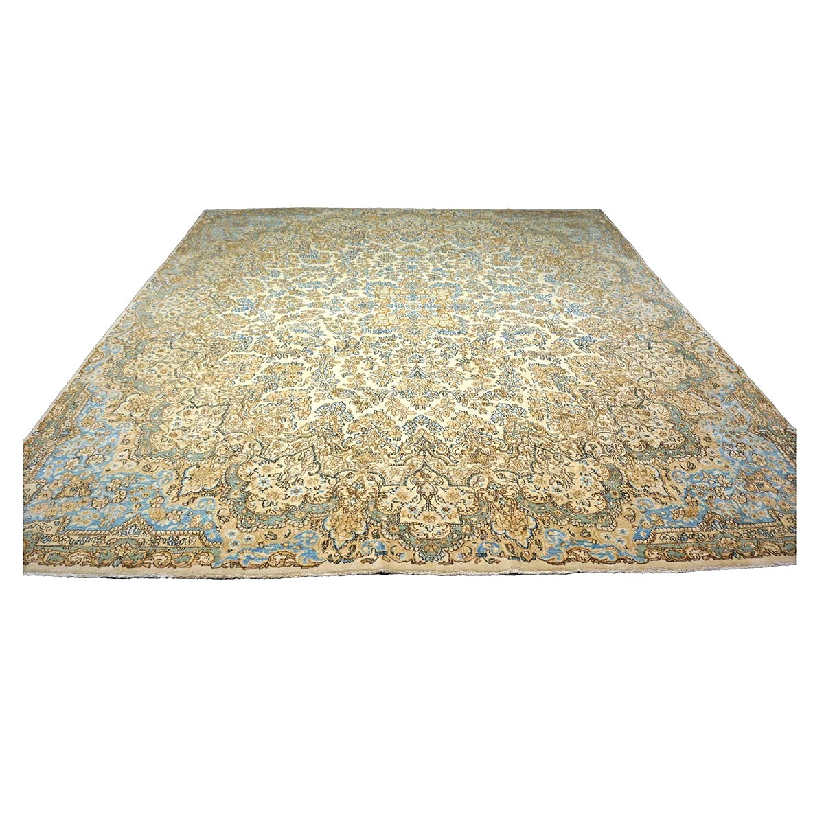 Persian Kerman Wool 10x11 Ivory & Light Blue Handmade Area Rug #1141059