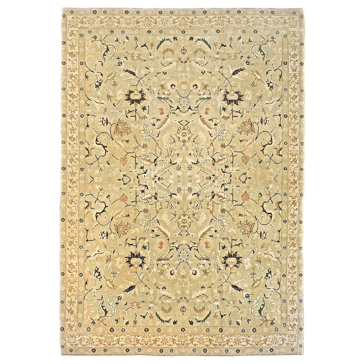21st Century Turkish Agra Wool 9x13 Light Olive and Khaki Handmade Area Rug #1141219