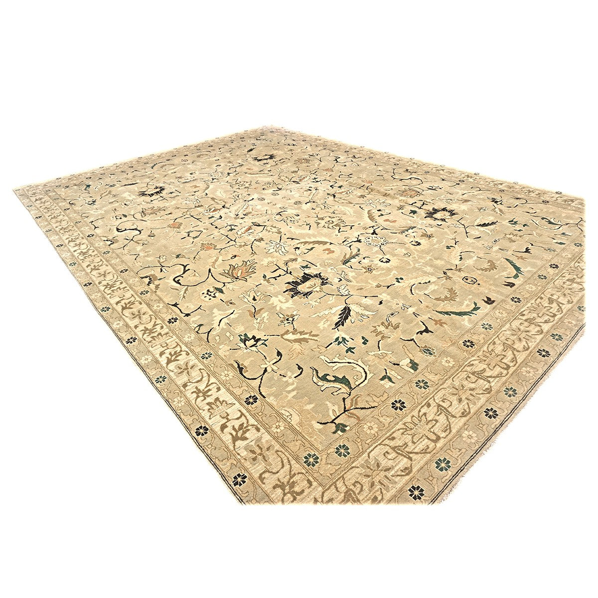 21st Century Turkish Agra Wool 9x13 Light Olive and Khaki Handmade Area Rug #1141219