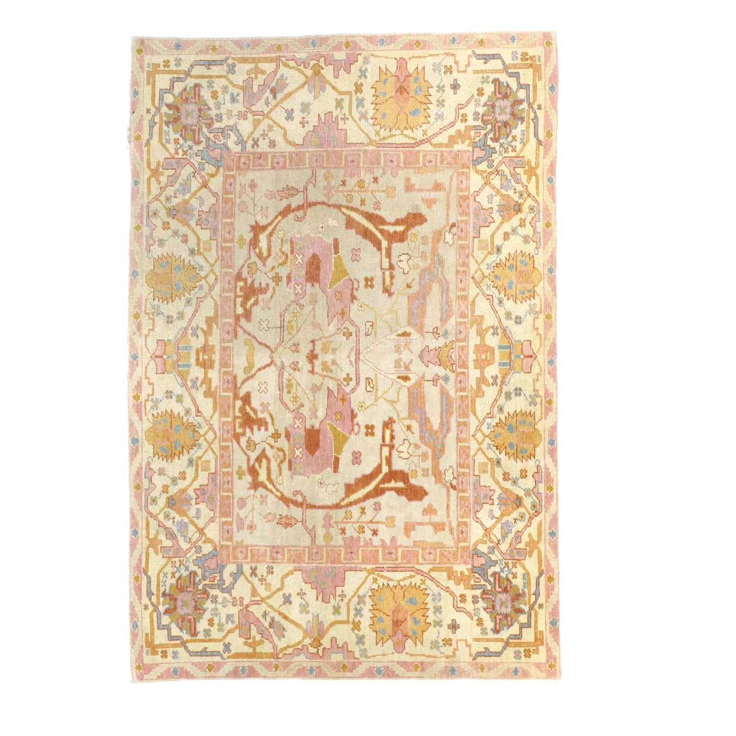 Persian Sultanabad Wool 4x7 Tan, Light Blue, Pink & Orange Handmade Area Rug #1141234