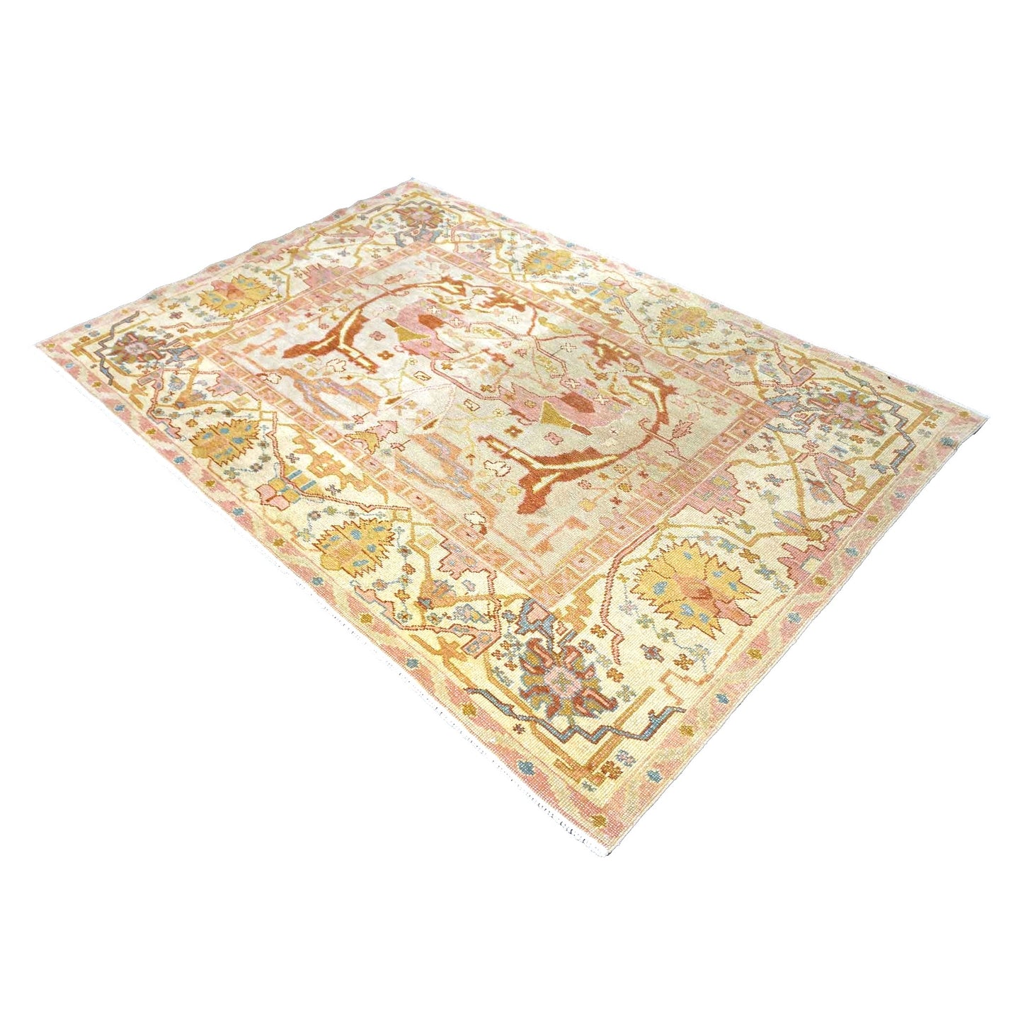 Persian Sultanabad Wool 4x7 Tan, Light Blue, Pink & Orange Handmade Area Rug #1141234