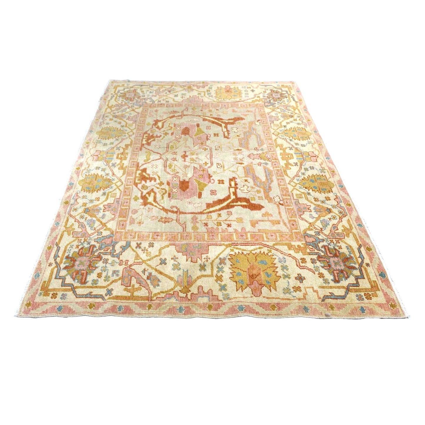 Persian Sultanabad Wool 4x7 Tan, Light Blue, Pink & Orange Handmade Area Rug #1141234