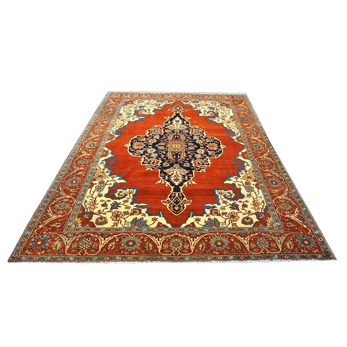 Turkish Serapi Wool 8x10 Rust, Navy & Ivory Handmade Area Rug #1141237