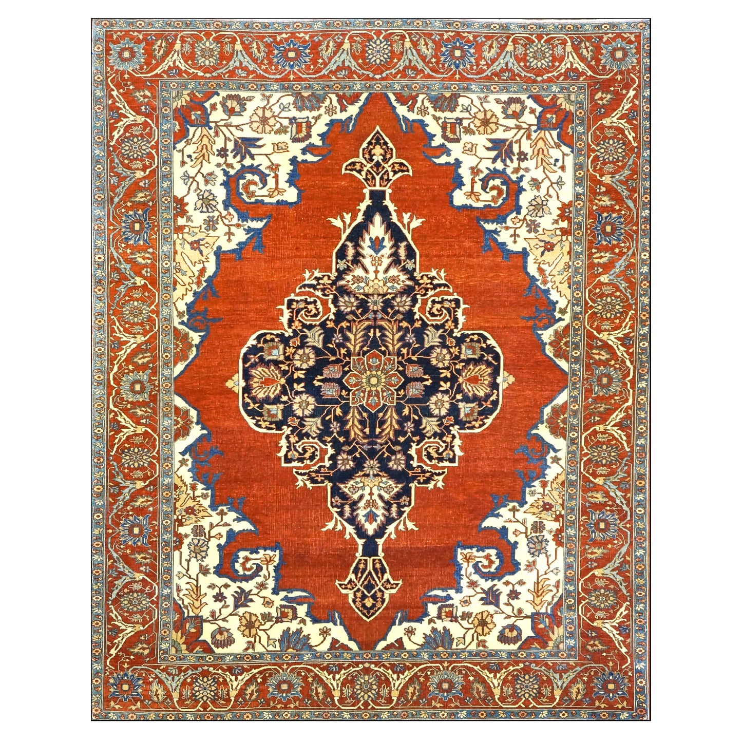 Turkish Serapi Wool 8x10 Rust, Navy & Ivory Handmade Area Rug #1141237
