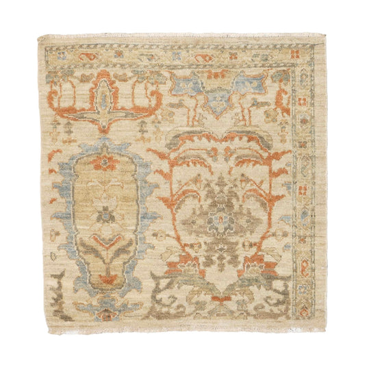 Persian Sultanabad Wool 3x3 Ivory, Light Blue & Rust Handmade Square Throw Rug #1141257