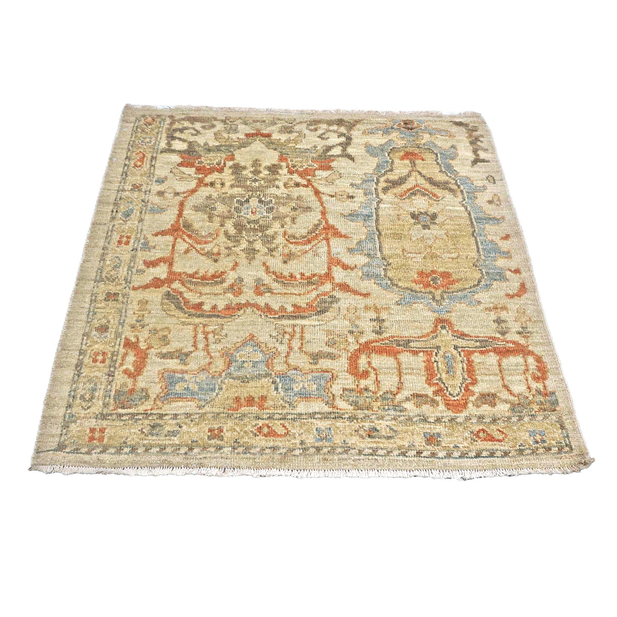 Persian Sultanabad Wool 3x3 Ivory, Light Blue & Rust Handmade Square Throw Rug #1141257