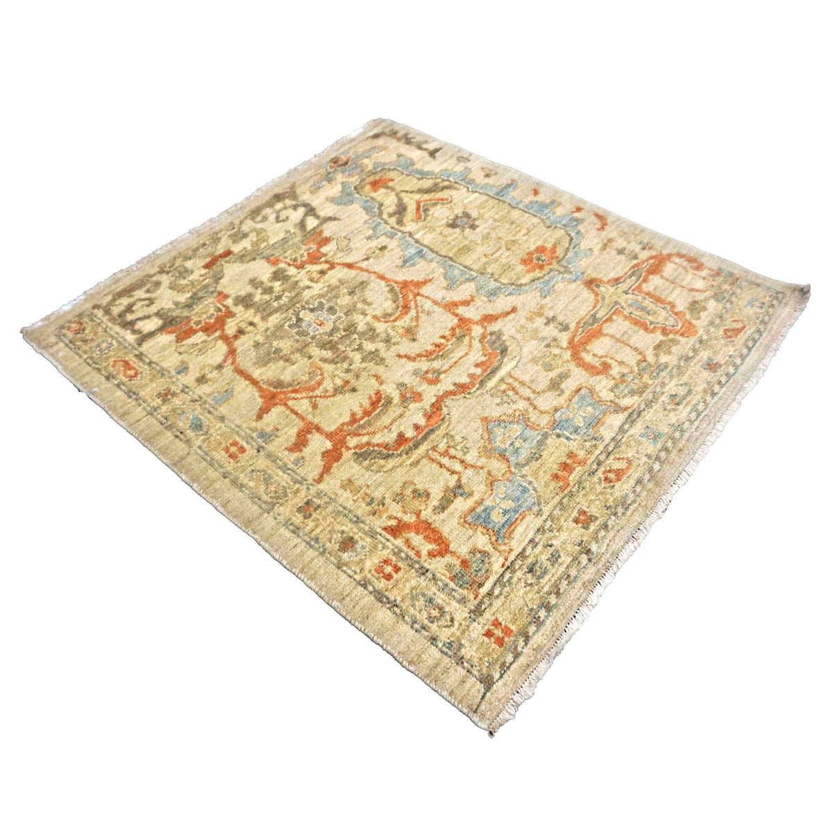 Persian Sultanabad Wool 3x3 Ivory, Light Blue & Rust Handmade Square Throw Rug #1141257