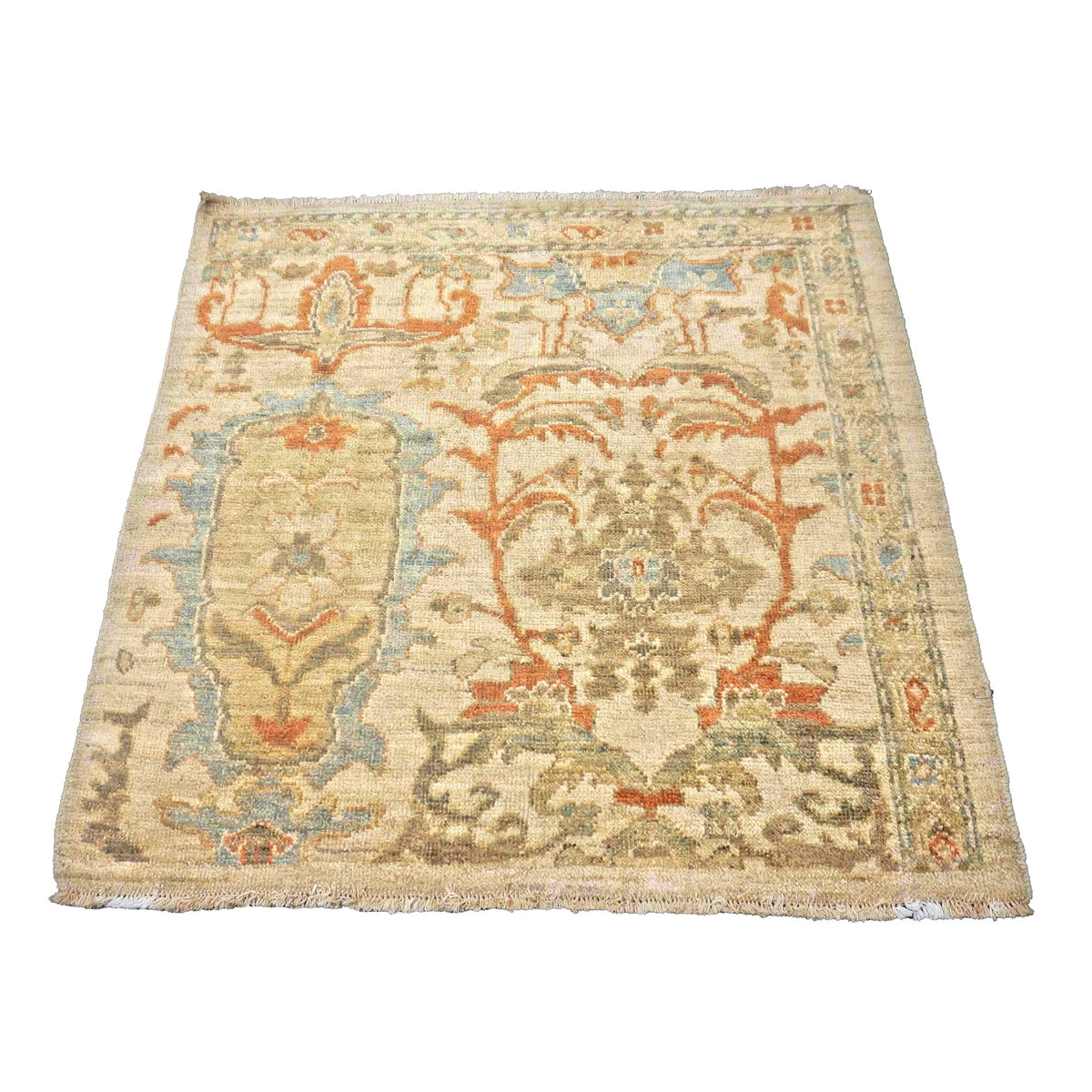 Persian Sultanabad Wool 3x3 Ivory, Light Blue & Rust Handmade Square Throw Rug #1141257