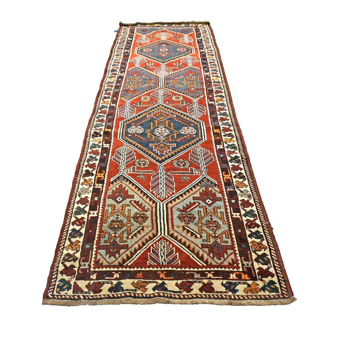 Antique Persian Azerbaijani Tribal Wool 3x10 Red & Blue Handmade Runner Rug #1141304