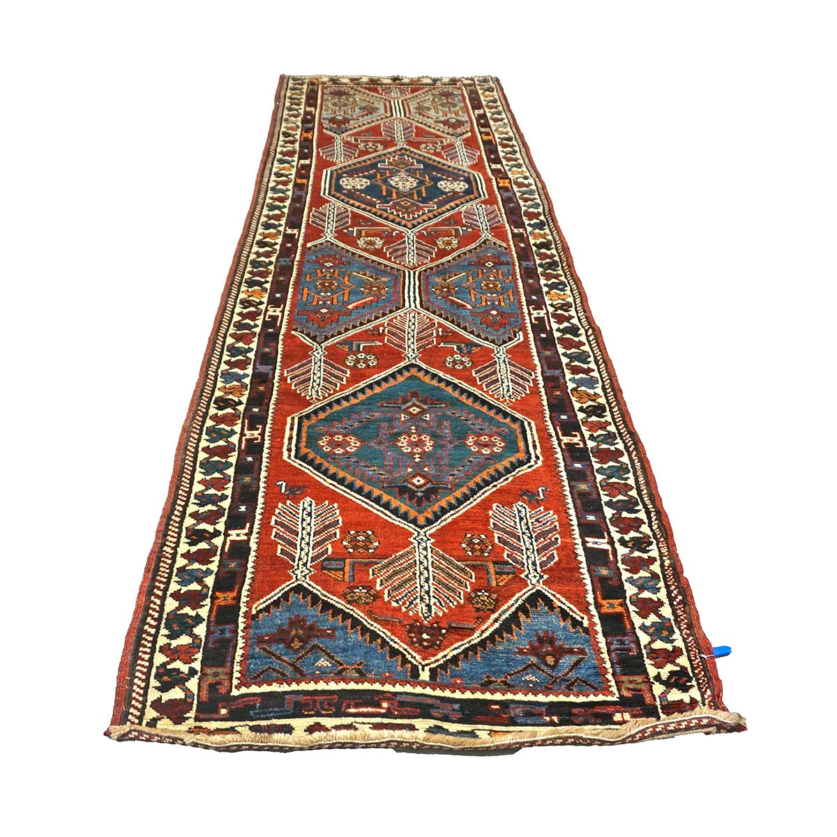 Antique Persian Azerbaijani Tribal Wool 3x10 Red & Blue Handmade Runner Rug #1141304