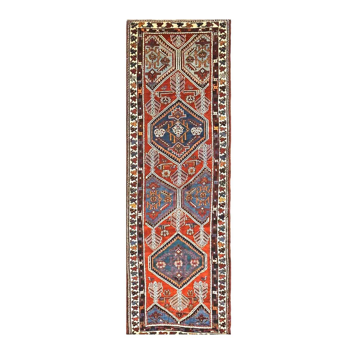 Antique Persian Azerbaijani Tribal Wool 3x10 Red & Blue Handmade Runner Rug #1141304