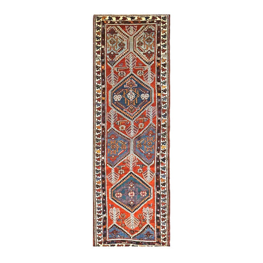 Antique Persian Azerbaijani Tribal Wool 3x10 Red & Blue Handmade Runner Rug #1141304