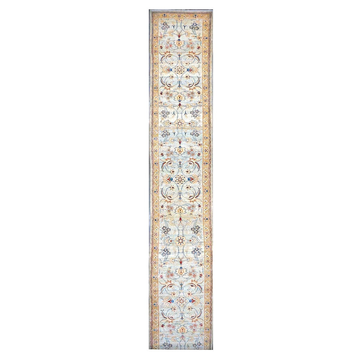 Persian Sultanabad Wool 3x25 Light Blue, Ivory & Gold Handmade Runner Rug #1141320
