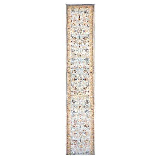 Persian Sultanabad Wool 3x25 Light Blue, Ivory & Gold Handmade Runner Rug #1141320