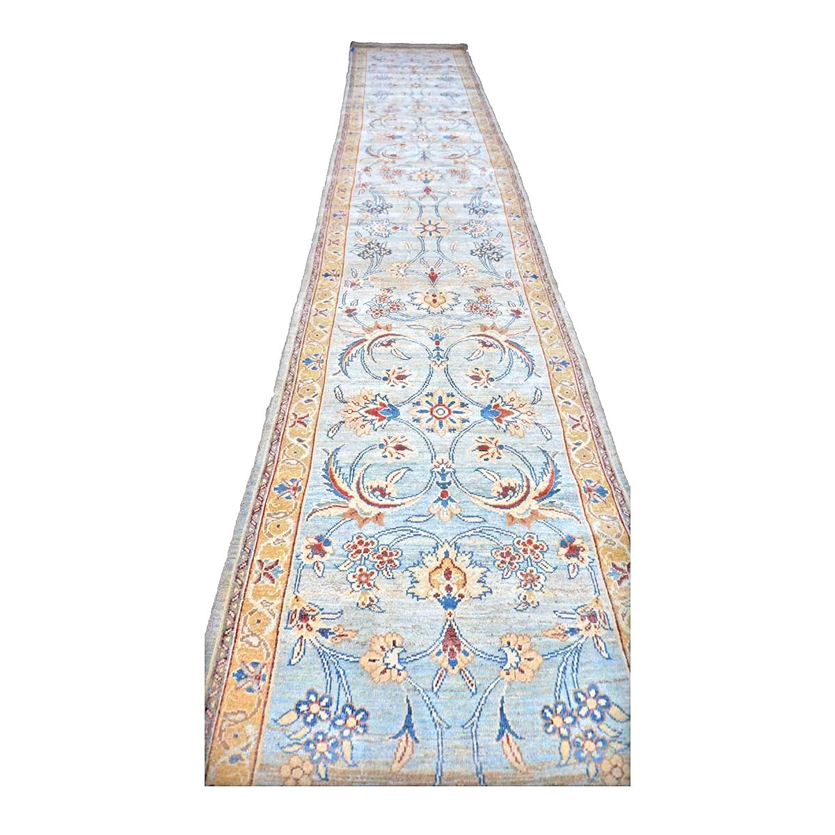 Persian Sultanabad Wool 3x25 Light Blue, Ivory & Gold Handmade Runner Rug #1141320