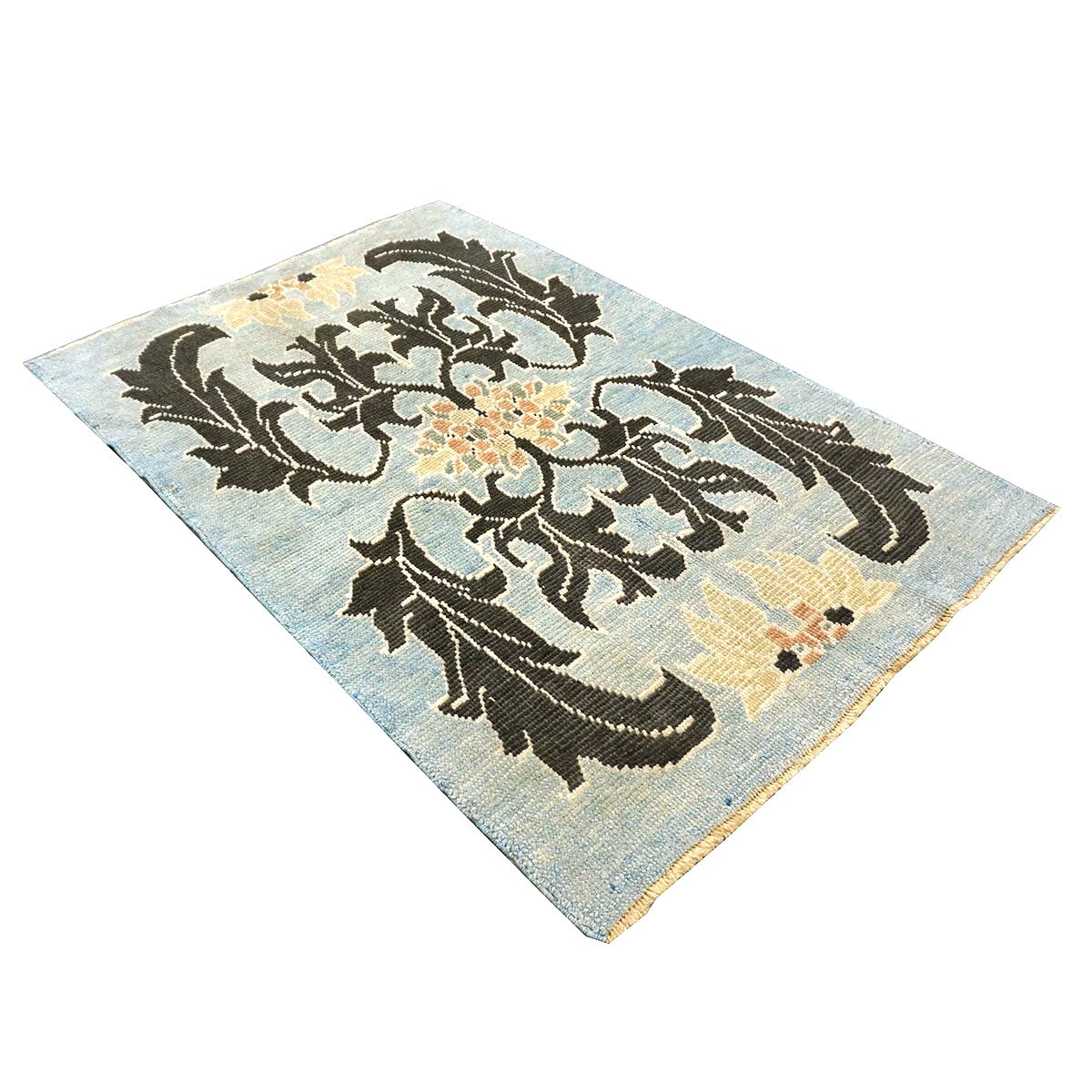 21st Century Turkish Donegal Oushak Hemp and Wool 4x6 Light Blue & Charcoal Handmade Area Rug #1141501