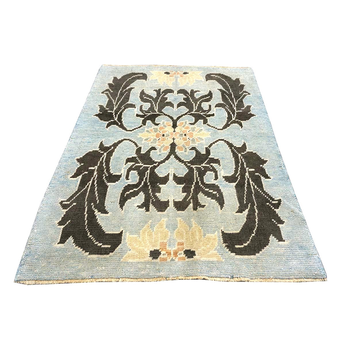 21st Century Turkish Donegal Oushak Hemp and Wool 4x6 Light Blue & Charcoal Handmade Area Rug #1141501