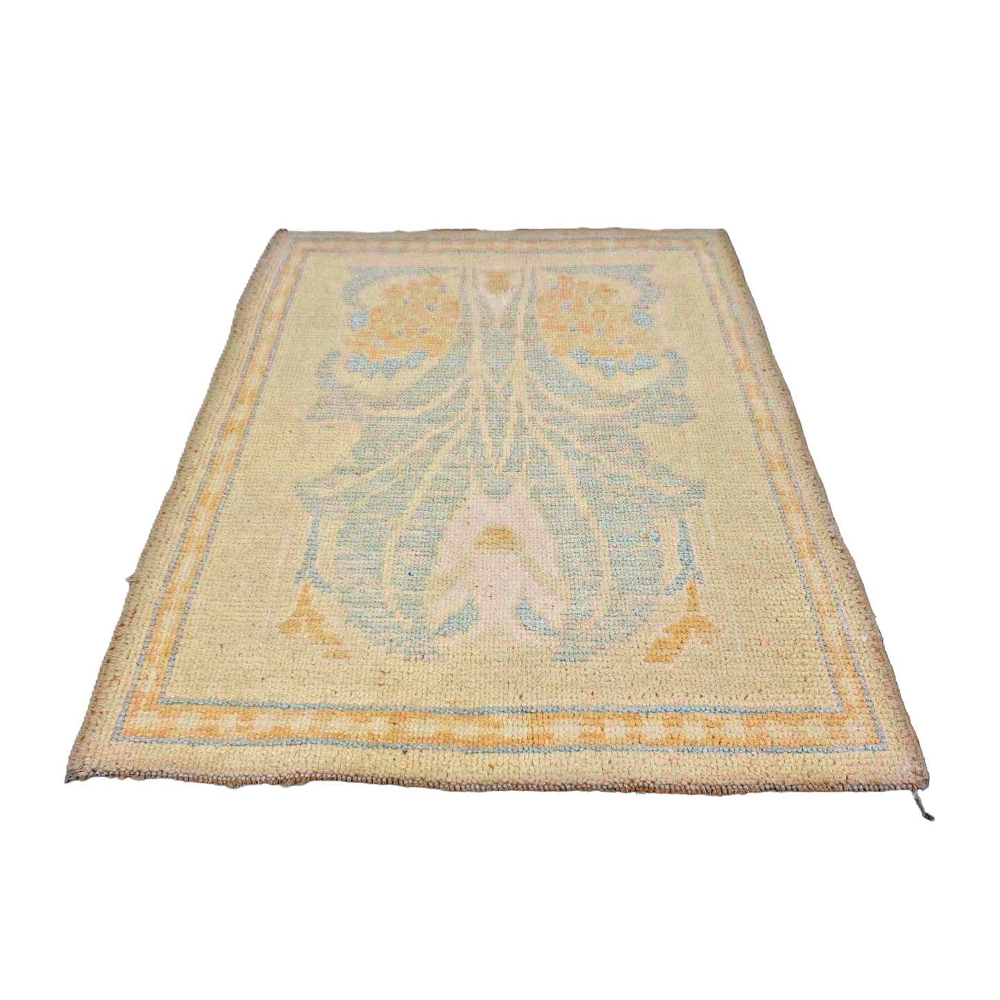 Turkish Donegal Wool & Hemp 3x4 Tan & Light Blue Handmade Throw Rug # 1141549
